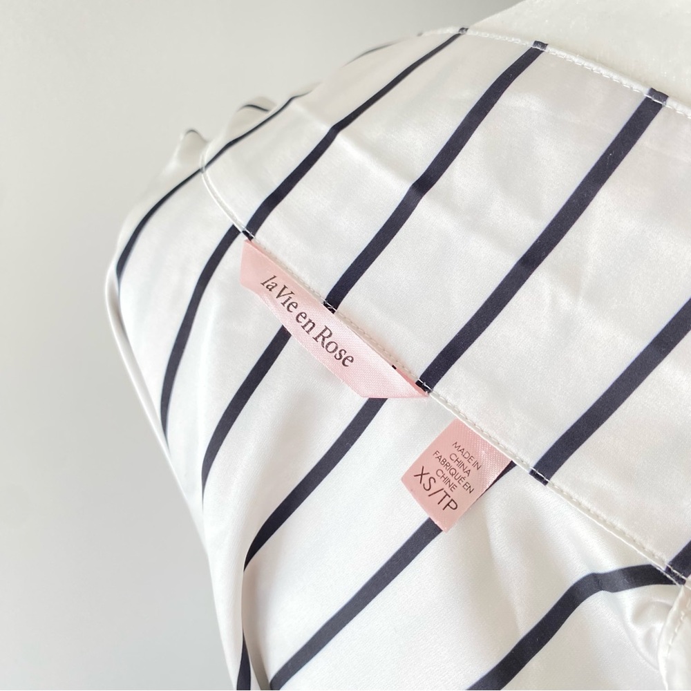 La Vie En Rose Black and White Vertical Stripe Satin Shirt - Picture 4 of 10